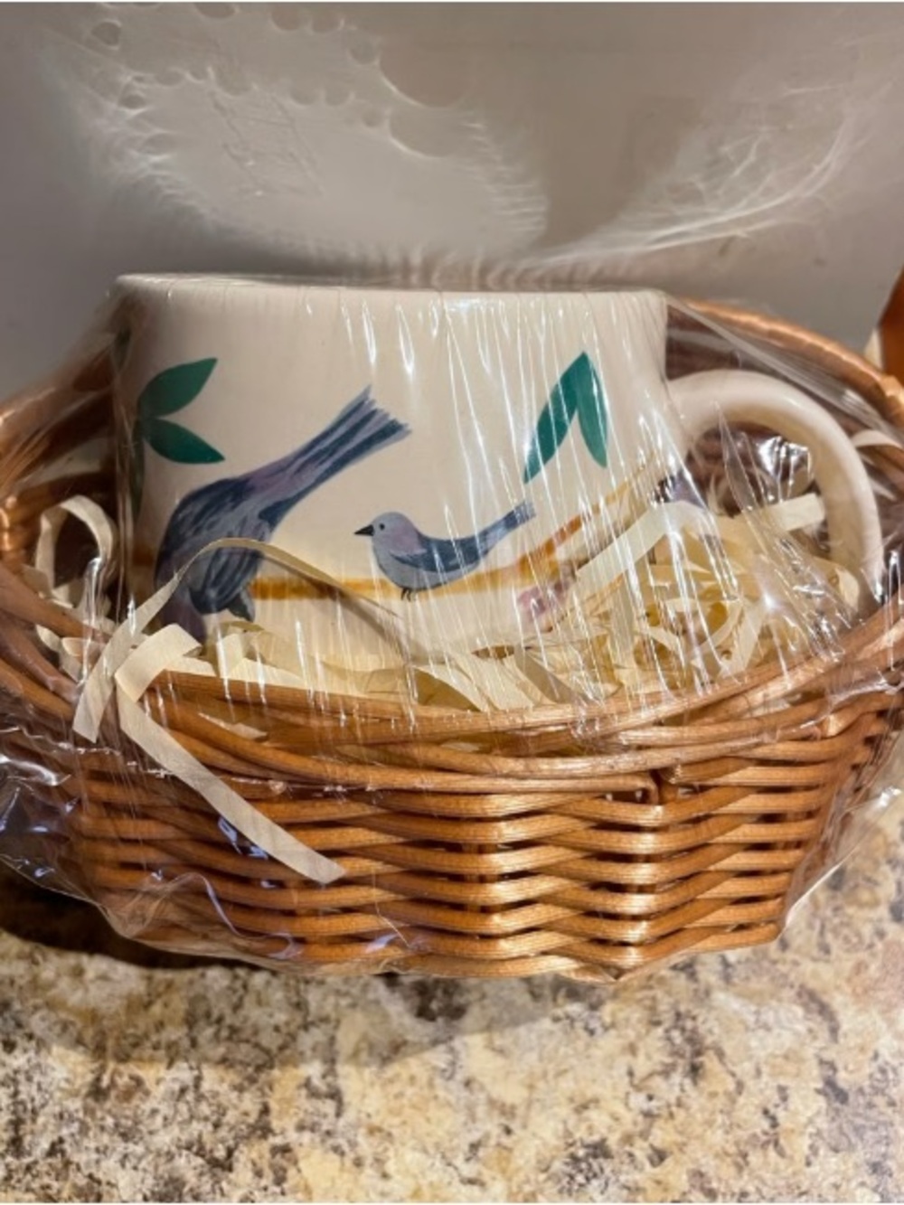 Bird Motif Ceramic Mug with Wicker Basket - White and Blue